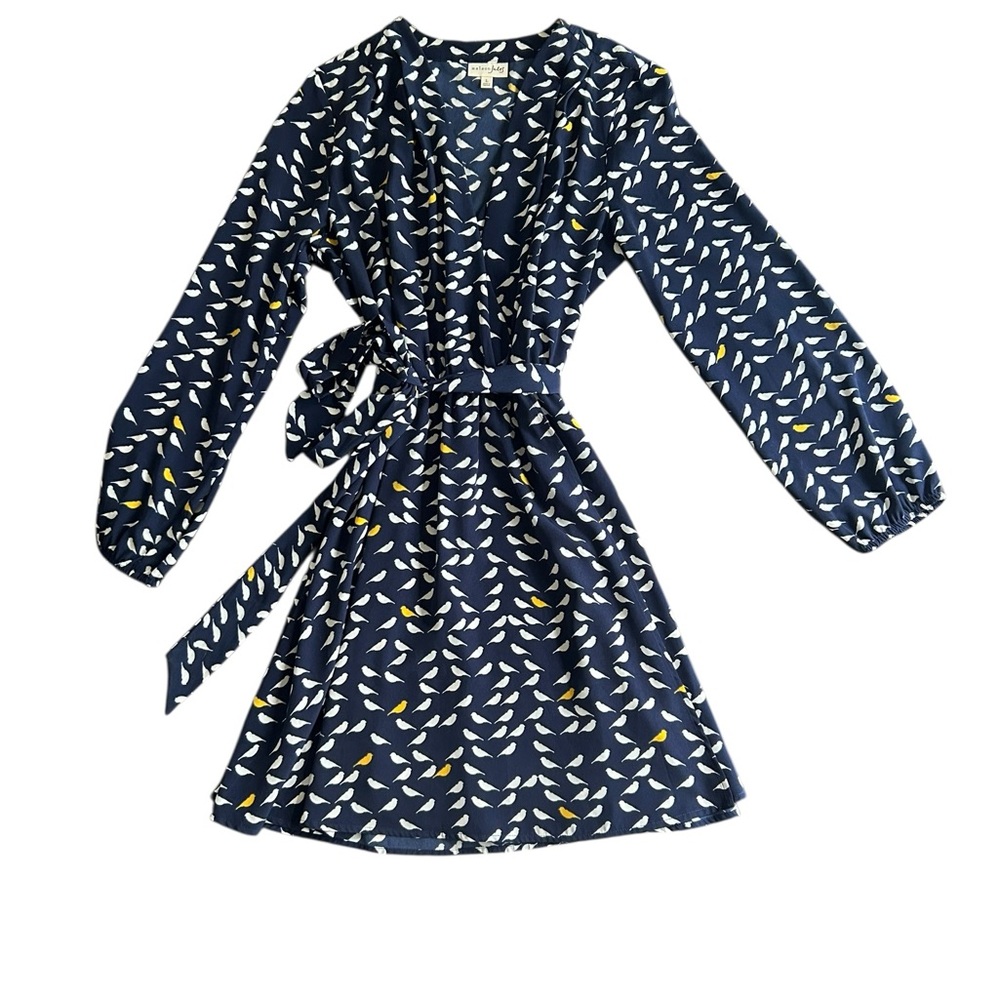 Maison Jules Navy and White Bird Patterned Long Sleeve Dress